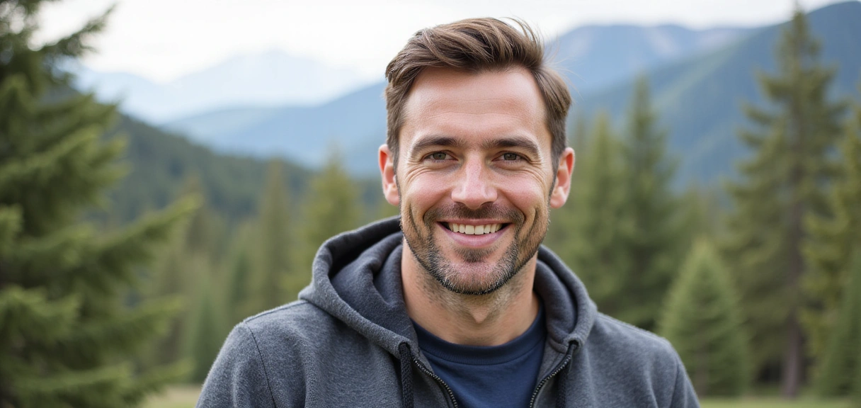 A confident man in a natural setting, embodying vitality and health